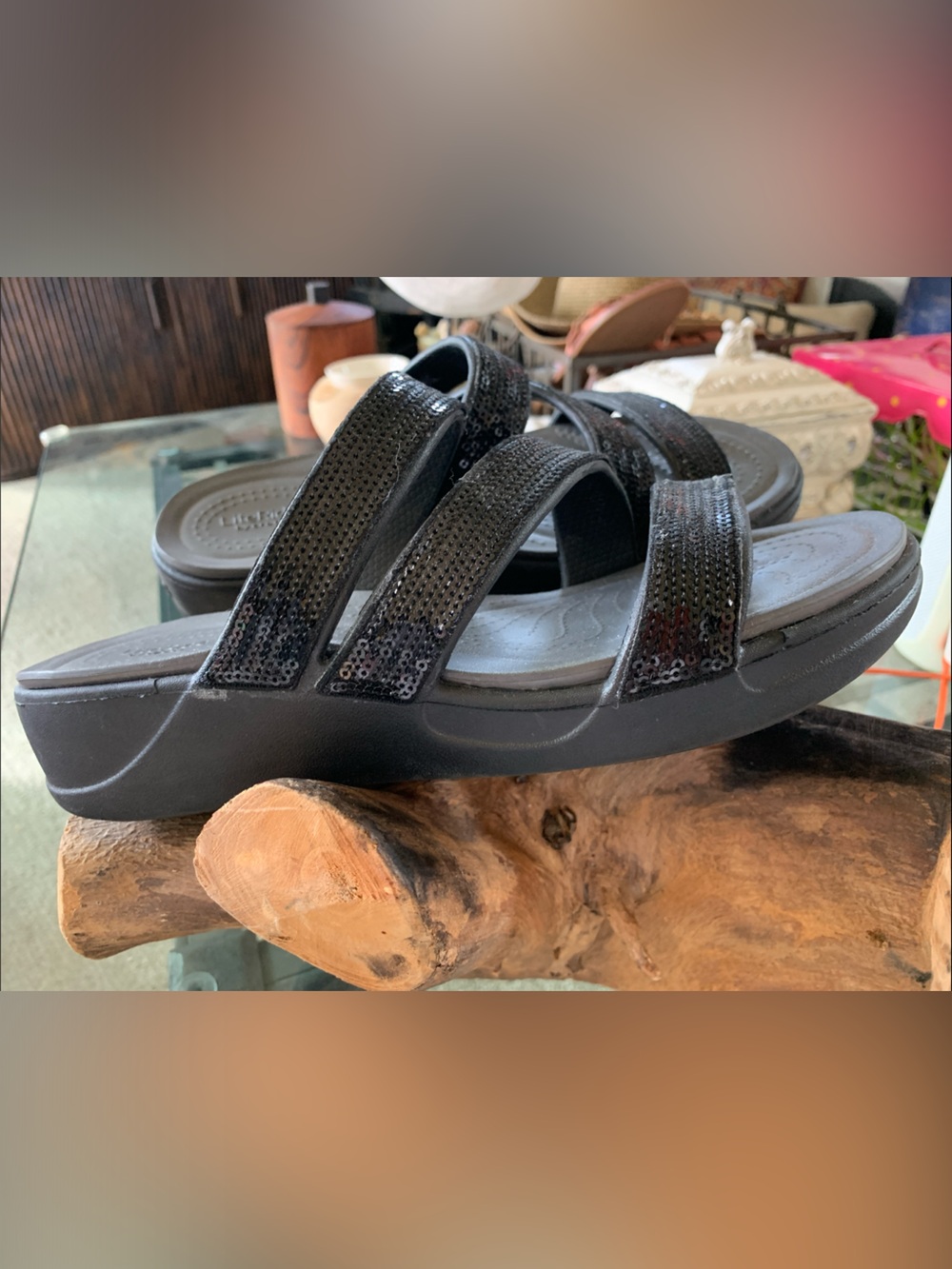 New Crocs Boca Strappy Sequin Wedges, Platform Sandals, Black Size 8